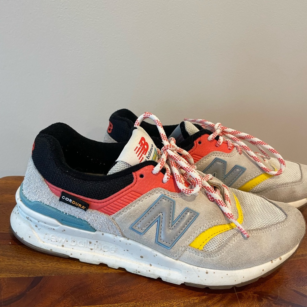 New Balance Women’s Gray Suede & Mesh Sneakers with Coral and Yellow Accents
